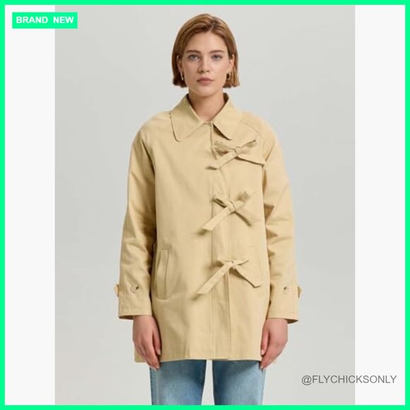 100% Cotton Bow Toggle Trench Coat, Windproof Peacoat - Picture 2 of 7